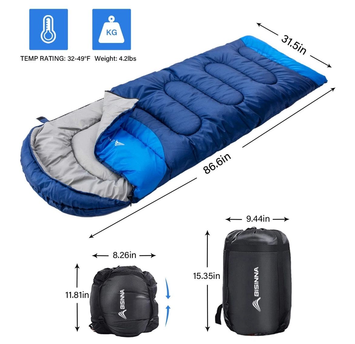 BISINNA Sleeping Bag with Pillow-4 Season Backpacking Lightweight Waterproof
