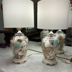 1980s Vintage Coastal/Nautical Seashell Filled Glass Table Lamps 
