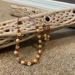 Genuine Gold Pearl And Metal Lotus Flower Necklace A D Earrings