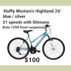 Brand New Huffy Women's Highland 26 Blue/ Silver With 21 Speed Shimano 