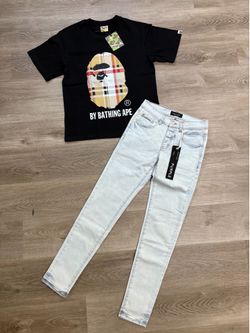 PURPLE JEANS AND BAPE SHIRT
