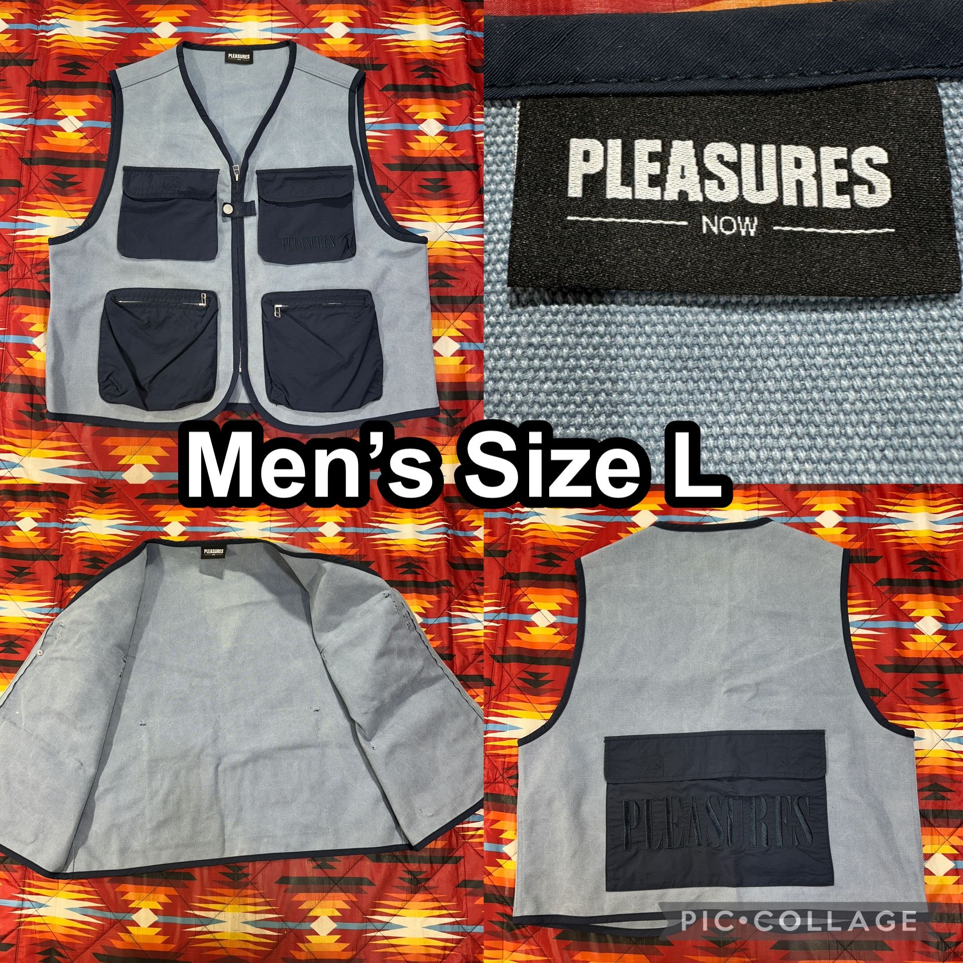 Pleasures Now Blue Tactical Canvas Vest Mens Size Large Embroidered Pockets