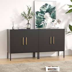 172 LYNSOM Storage Cabinet with Doors, Set of 2, Modern Buffet Cabinet with Storage, Kitchen Sideboard Buffet, Black Wood Accent Cabinet for Living Ro