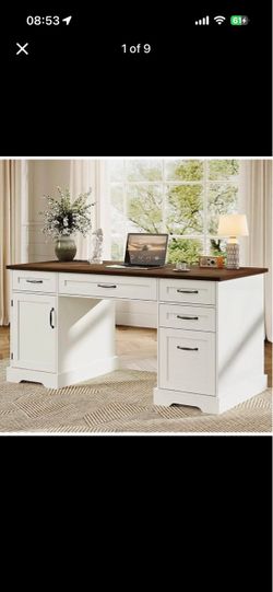 New 59" Executive Desk with 5 Drawers, Storage Cabinet & Power Outlets – White/Walnut