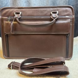Brown Genuine Leather Briefcase Laptop Business Work Bag Dual Zip with Shoulder Strap 