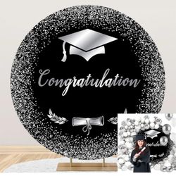 Graduation Round Backdrop Cover Congrats Grad Round Backdrop Black and Silver Class of  Graduation Party Decoration Circle Backdrop Cover Co