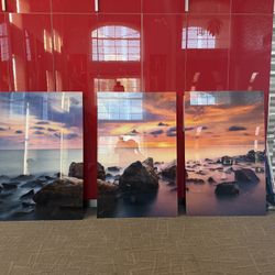 Modern Glass Triple Art Set Stones And Sunset
