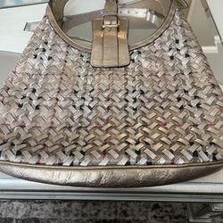 BURBERRY Gold Classic Check Woven Leather/Canvas Brook Hobo Bag. Authentic Used A few times. 