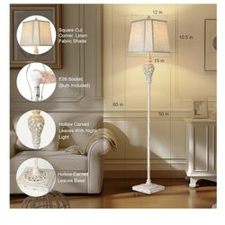 Rustic Floor Lamp 65'' Tall with Nightlight Cut Corner Linen Fabric Shade Vintage Standing Lamp for Living Room, Bedroom, Office, House (Bulb Included