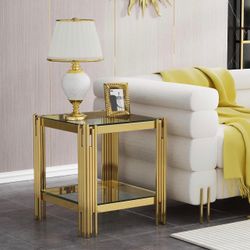 Glass End Table Square Sofa Side Table with Gold Stainless Steel Frame, 20" Small Glass Bedside Table Luxury 2-Tier Bedside Table with Glass Storage S