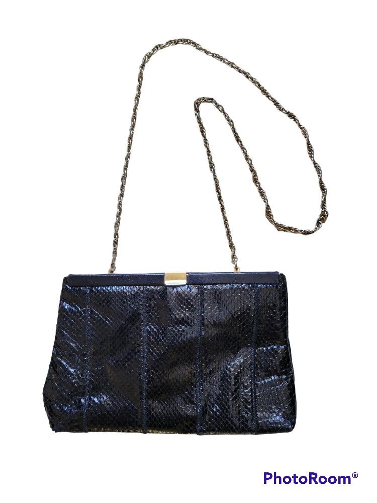 Palizzio Shiny Black Snakeskin Textured Women's Purse with Chain