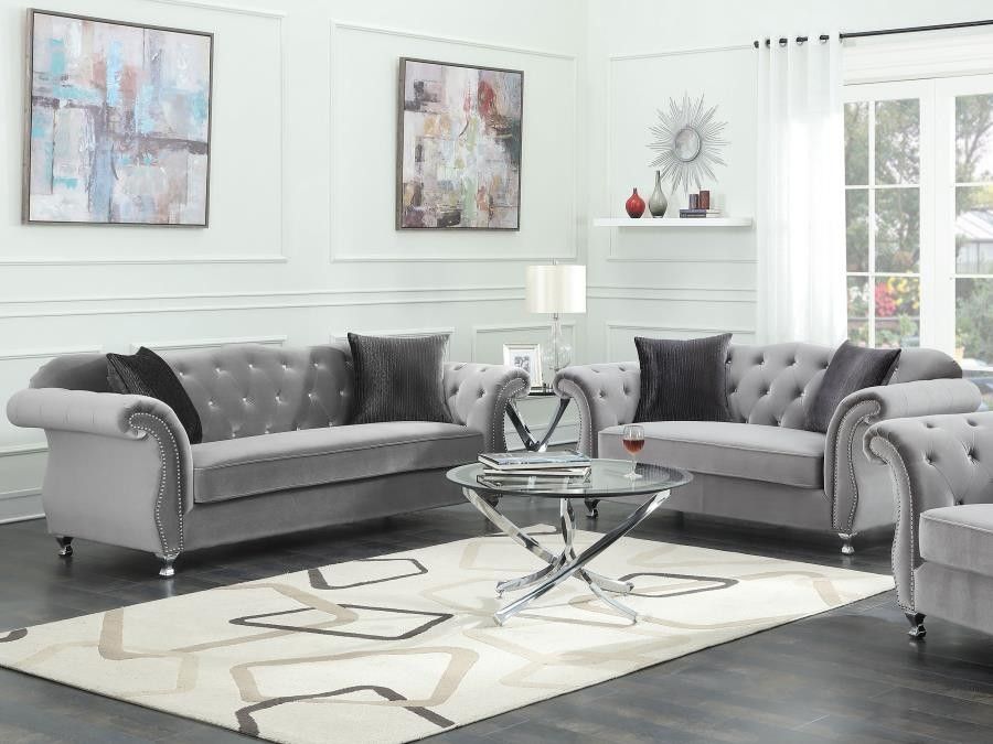New Sofa And Loveseat In Diamond Tufted Silver Velvet