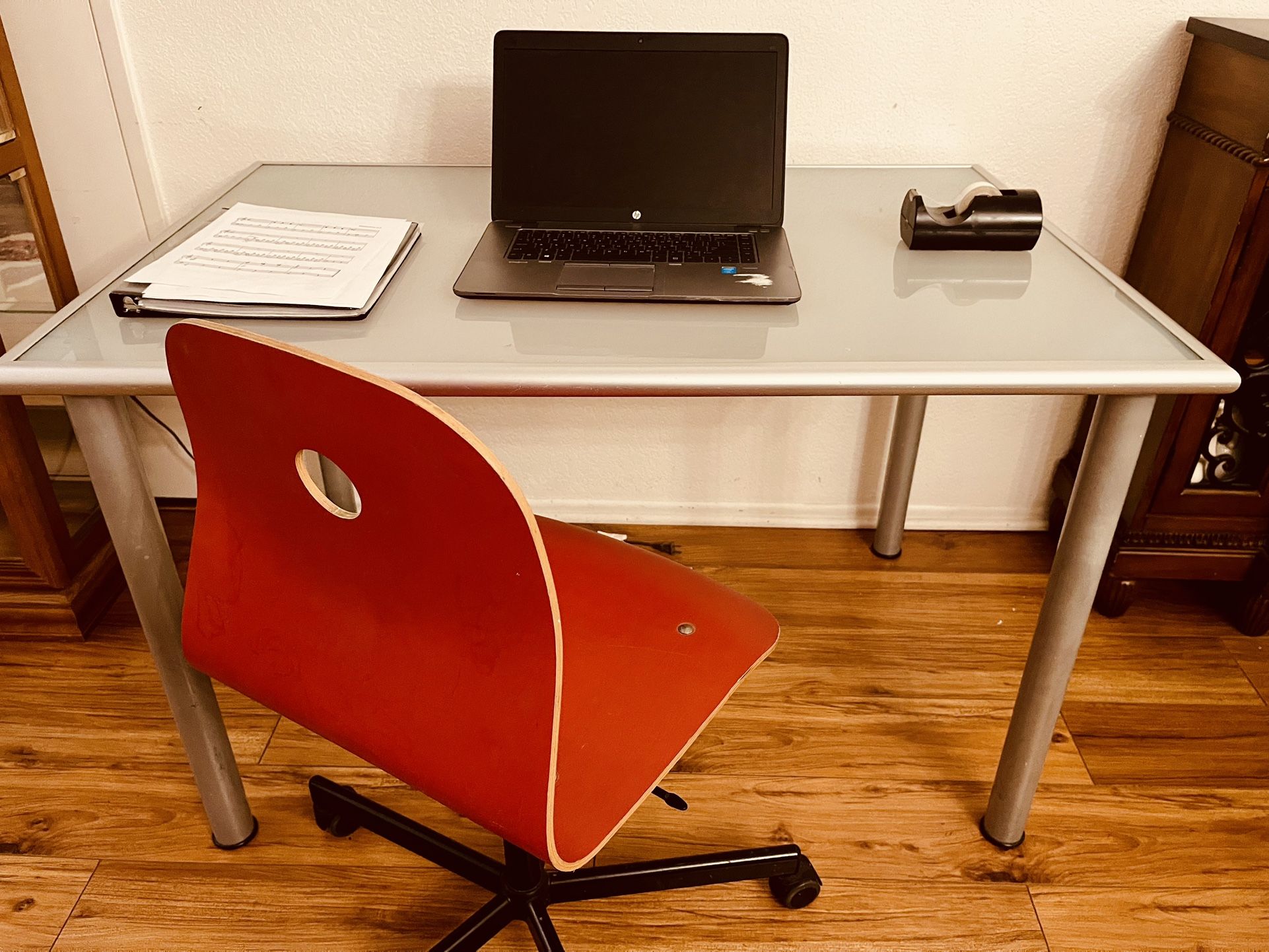 Desk Post Modern Metal Frame Tempered Glass Top About 4 Ft Wide