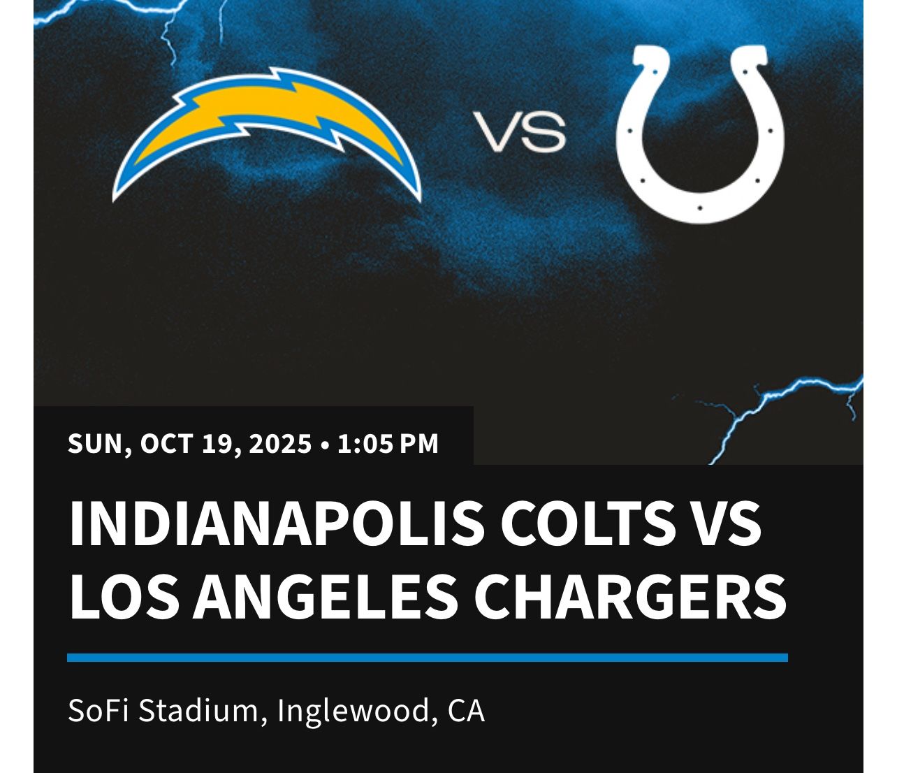 COLTS VS CHARGERS - 6th Row: Club Level Seats
