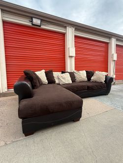 FREE DELIVERY - Beautiful Faux Leather Sectional with Corduroy Cushions!
