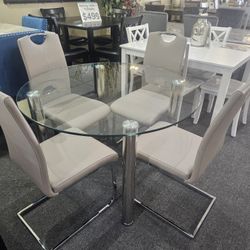 Brand New 45" Round Glass Dining Table + 4 Gray Soft Faux Leather Chairs