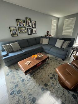 Large Blue Gray Fabric Sectional Sofa