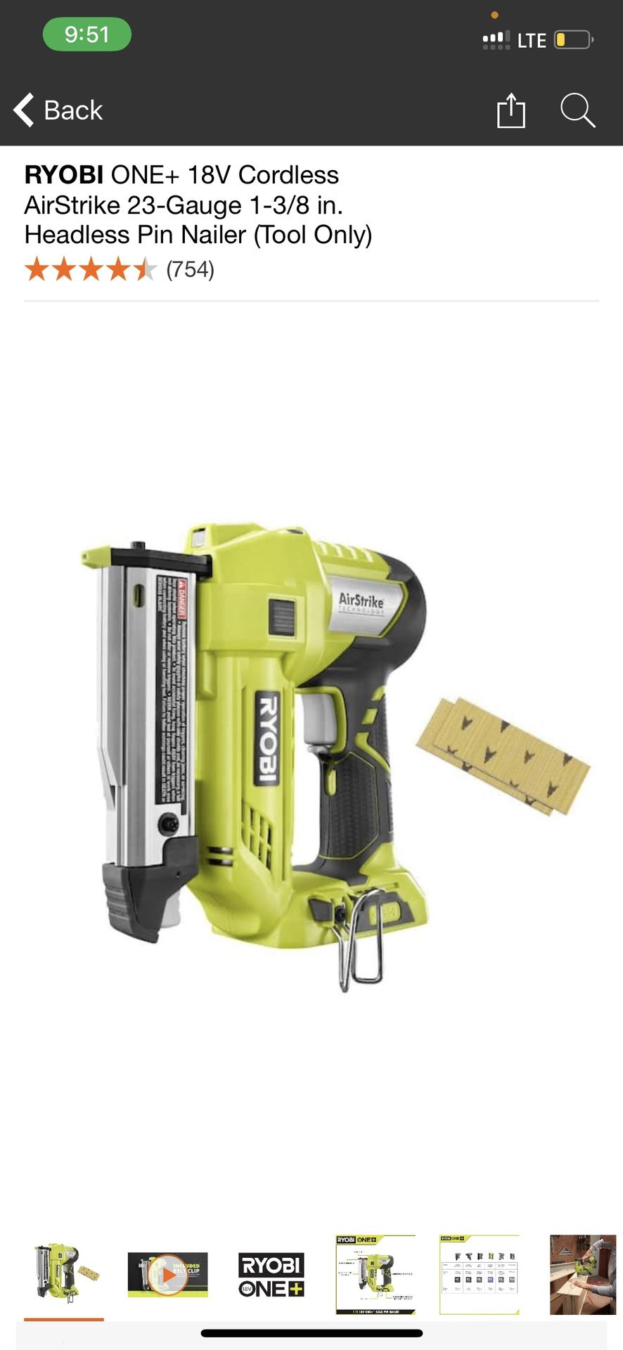 RYOBI ONE+ 18V Cordless AirStrike 23 Gauge 3/8 Headless