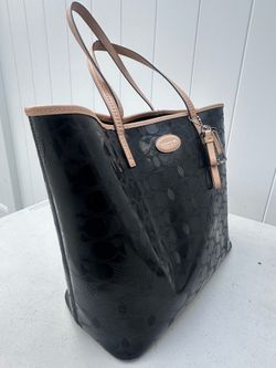 Coach Black Patent Leather Tote Bag with Tan (Beige) Trim