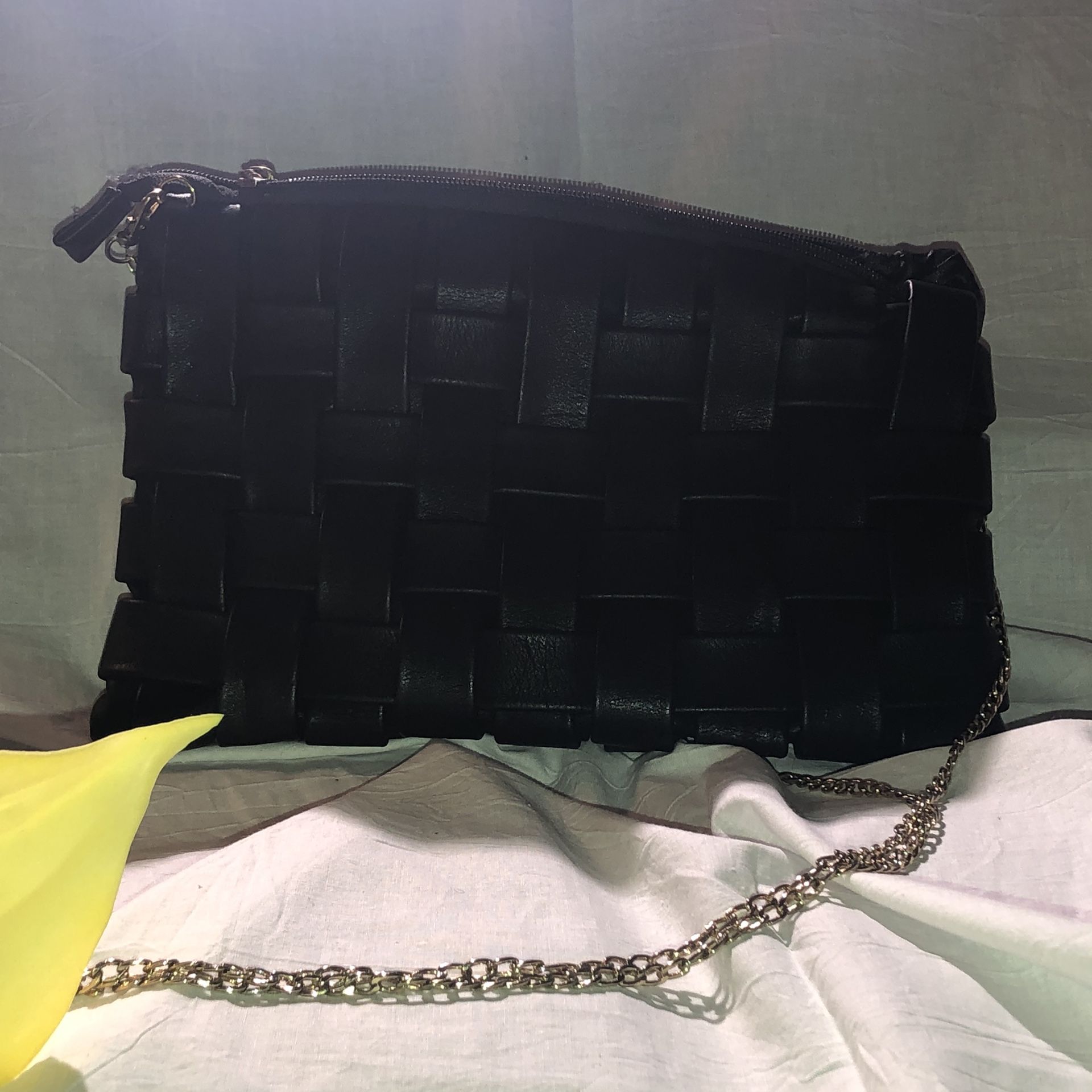 Black Leather Woven Handbag with Gold Chain