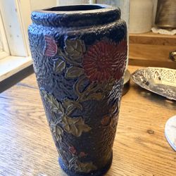 Mid Century Japanese Art Pottery Vase Textured Floral Relief Dark Glaze Rustic MCM