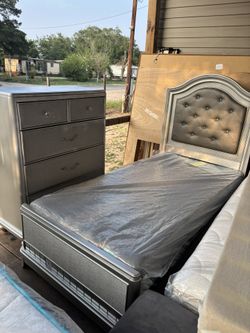 Silver Twin Size Bed Frame With Chest Dresser Mattresses, And Boxspring