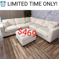 Ivory ,black  ,fog color corduroy sectional sofa with ottoman  💥 BIG SALE