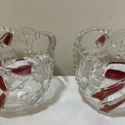 Two Ruby Red Stained Nut Sugar Mint Dishes Bowls Glass Vintage Christmas Holiday.