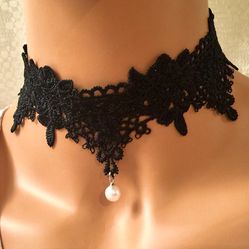 Black Venice Lace Victorian choker pearl drop Beaded Closure Goth
