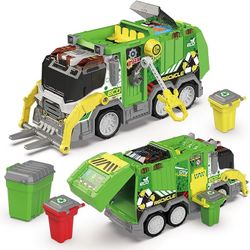 New In Box Trash Truck Toy with 4 Trash Bins | Front Lifting Frame for Garbage Disposal | Waste Management Garbage Truck Toys | Light & Sound Effects 