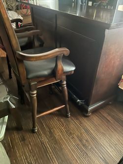 Home solid wood bar, storage, foot rail and two bar chairs