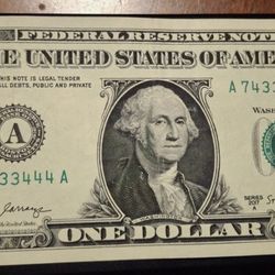 2017A $1 One Dollar Note Bill Fancy Serial Number Trinary