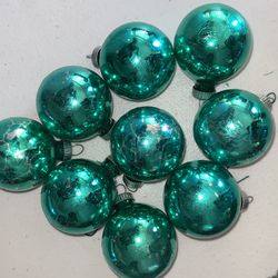 9  Vtg Shiny Bright Christmas Ornaments Glass Balls Green Flaws 2”