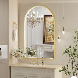 NIB 24X36 Inch Arched LED Mirror for Bathroom,3-Color Gold Framed Arched Wall Lighted Vanity Mirror with Lights,Anti-Fog, 3000K/4500K/6000K Dimmable,E