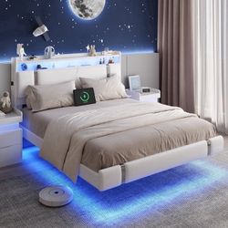 Queen Size Floating Bed Frame with Upholstered Storage Headboard, Metal Platform Bed with Charging Station & LED,No Box Spring Needed,