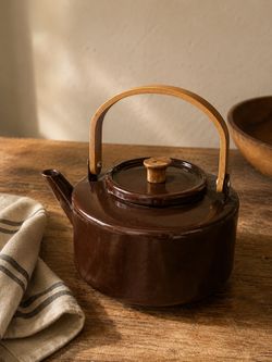 Brown Ceramic Teapot with Wood Handle
