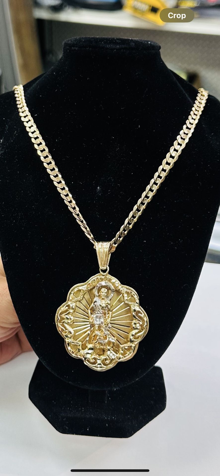 10K Yellow Gold 22" 6mm Curb link (cuban) chain necklace with Large 2.5" St Saint Lazaro pendant/charm- Weights 52.6 grams