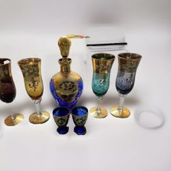 Rare Vintage Murano Gold Cobalt Blue Hand painted drinking glasses set
