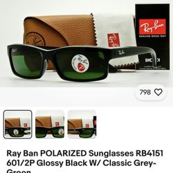 Ray Ban POLARIZED Sunglasses RB4151 601/2P Glossy Black W/ Classic Grey-Green