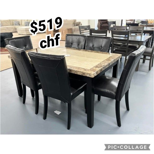 7-Pieces Wooden Dining Table Set with Black and Gray Faux Marble Top and Parson Dining Chair