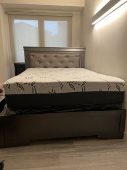 Queen Size Bed Frame + Memory Foam Mattress – Like New