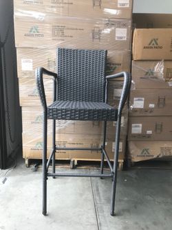 Outdoor Bar Stools. Patio Bar Chairs with Armrests and Backrest Wicker Rattan (Dark Gray)