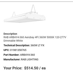 Rab 360 Watt 4ft Long Top Of The line Ceiling Lamp