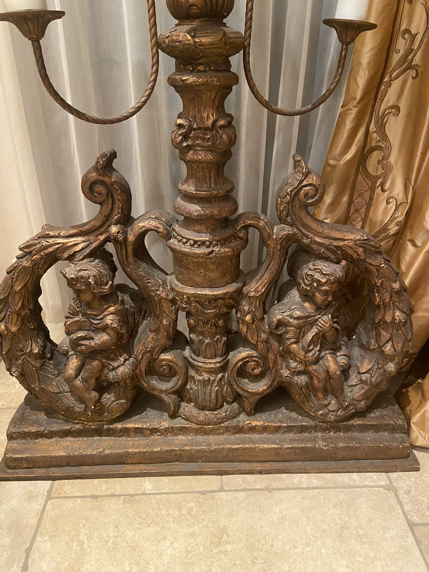 Two Large Electric Ornate Antiqued Gold Candelabras