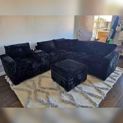 4- Piece Black corduroy Sectional Sofa Set with ottoman