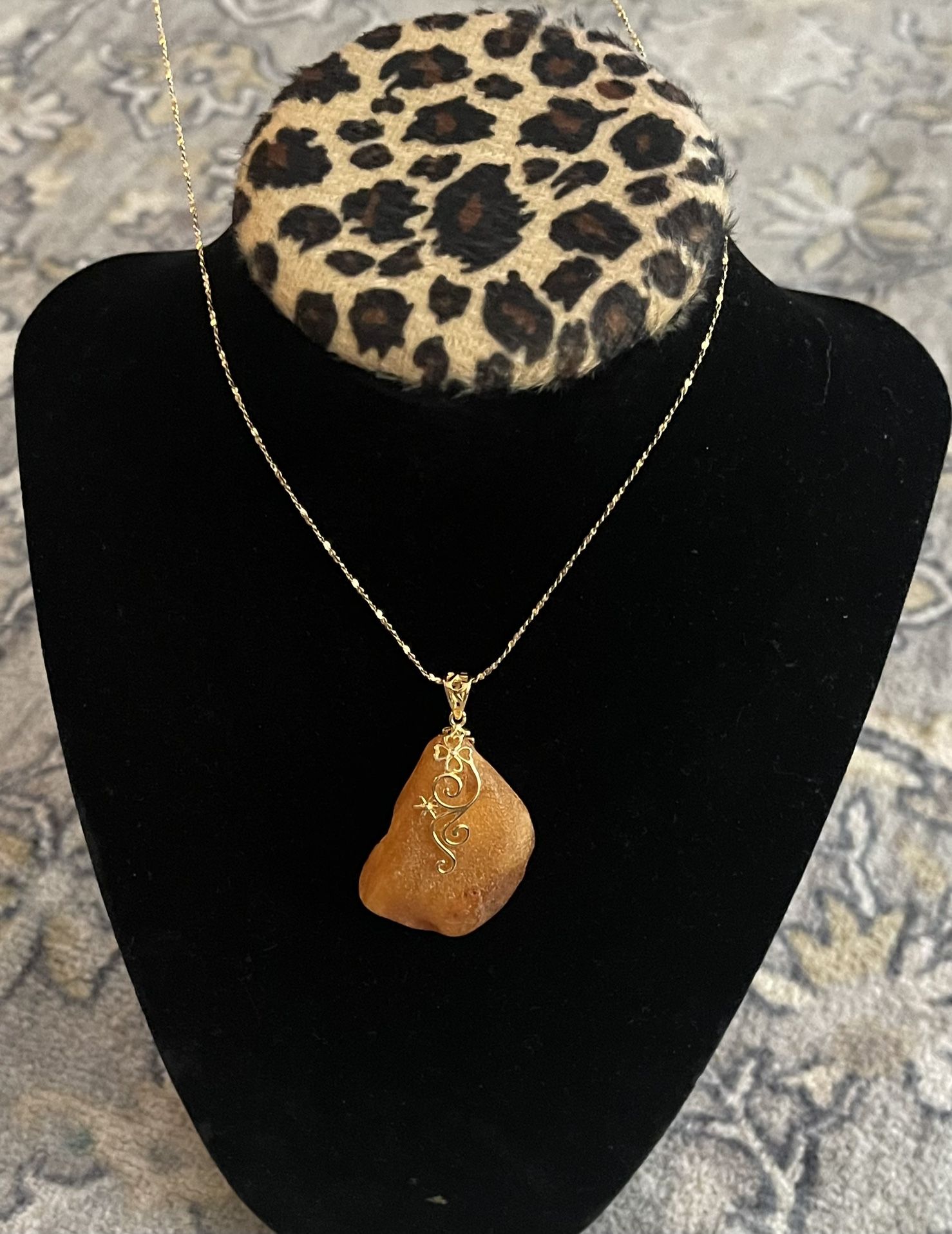 (Mother’s Day Gift) Natural European Rough Amber Pendant 925 Sterling Silver Gold-wash Necklace