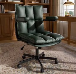 New assembled Green Office Chair, Mid Century Modern Desk Chair with Arms, Thickend Back and Seat, Adjustable Height, Wheels, Vintage Leather Computer