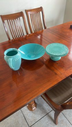 Beautiful Three-Piece Turquoise Set Of Vase, Large Bowl, Cake Platter
