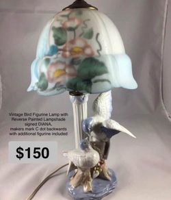 Bird Figurine Lamp with Reverse Painting Lampshade signed DIANA, includes matching Figurine