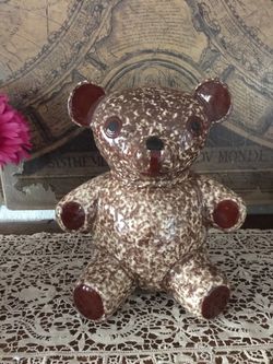 VINTAGE N.S. GUSTIN POTTERY CO CERAMIC SPONGEWARE BROWN TEDDY BEAR COOKIE JAR